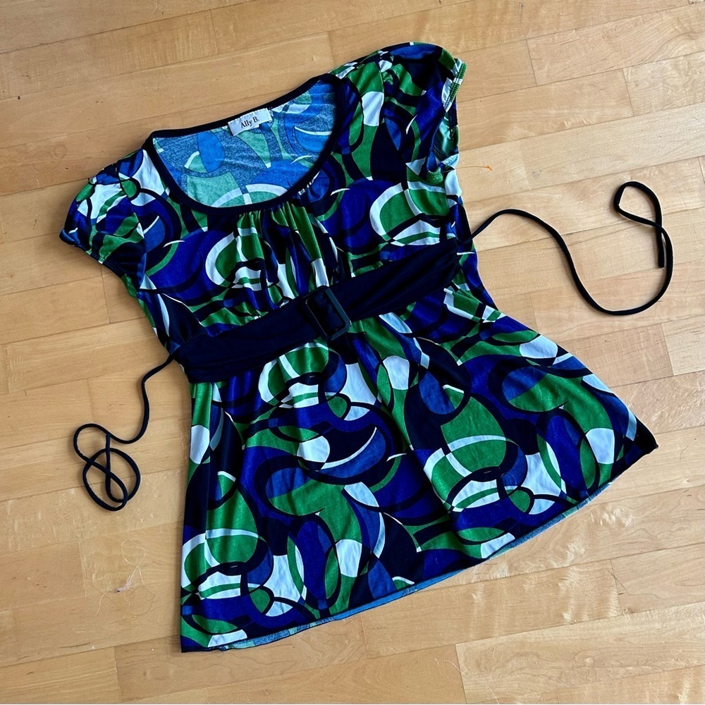 Ally B Abstract, Colorful Belted Blouse, Blue, Green, Green, White, Size L - Picture 3 of 17